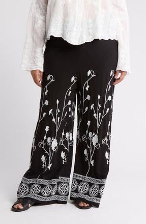 Forgotten Grace Embroidered Wide Leg Pants in Black/White at Nordstrom Rack, Size 1X