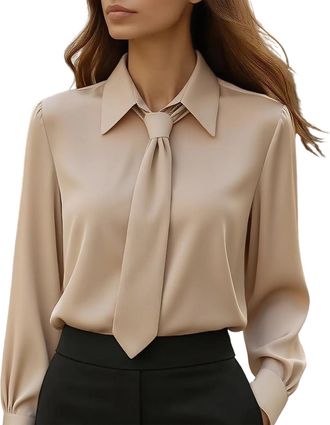 Generic Womens Elegant Satin Shirt Top Tie Neck Blouse Long Sleeve Collared Office Tops with Puff Sleeves Glossy Adjustable Necktie Shirt for Formal Work wear