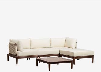 Sklum Sklum - Conjunto De Sal&oacute;n Con Sof&aacute; Modular De 3 Piezas Con 2 Sillones Esquineros, Mesa De Centro Y Puff En Acacia Giulia