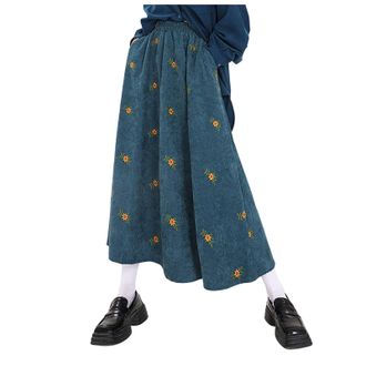 Generic Corduroy Floral Embroidery Long Skirts for Women A-Line Elastic Waist Cottagecore Floral Embroidery Fall Boho Maxi Skirts Vintage Elastic High Waist R