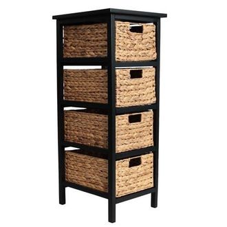 Happimess Cohen Coastal Bohemian Handcrafted Acacia Wood 4-Tier Storage Cabinet with 4 Water Hyacinth Woven Baskets in Black at Nordstrom