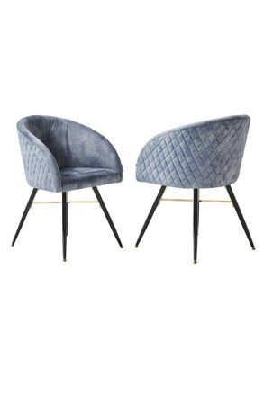 Life Interiors Set of 2 Vittorio Velvet Dining Chairs with Black Metal Legs, Quilted Design Modern Accent Chair in Grey