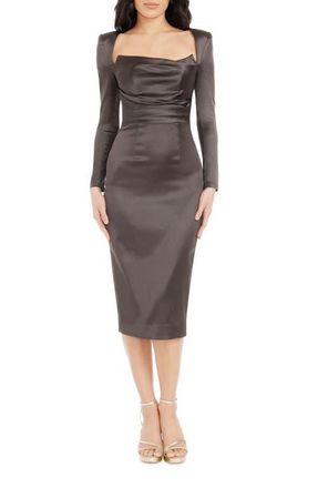 Dress The Population Pamela Long Sleeve Satin Cocktail Dress in Mocha at Nordstrom, Size Xx-Large