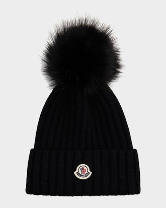 Moncler Ribbed Beanie with Faux Fur Pom