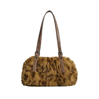 Generic Leopard Print Tote Bag for Women Plush Pillow Handbag Casual Shoulder Hobo Bag Furry Purse, Brown