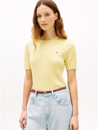Tommy Hilfiger Womens Short-Sleeve Cable Knit Sweater - Yellow - XXL