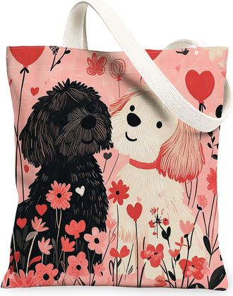 Generic Valentines Day Doberman Dog Canvas Tote Bag for Shopping 13x15, Fun Couple Puppy Reusable Grocery Print Bag for Women, Lover Beach Aesthetic Painting 
