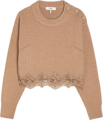 Chlo&eacute; Lace-trim Wool and Cashmere-blend Jumper - Brown - S (UK8-10 / S)