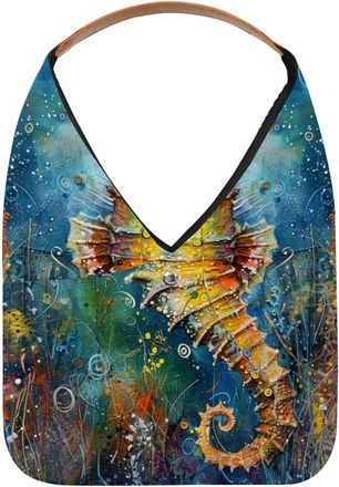 Generic Seahorse Print Reusable Lightweight Grocery Bags - Foldable Into Compact Pouch, Washable & Sturdy, Multipurpose for Shopping and Travel