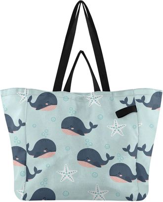 Generic Underwater Whales Starfish Blue pattern Reusable Canvas Tote Bag, Heavy Duty Grocery Shopping Bag with Hard Bottom Double Handles Large Capacity Work 