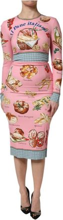 Dolce & Gabbana Roze Gebak Print Bodycon Midi Jurk - Dames - Casual kleedjes - Veelkleurig - 2XL - Kleedjes