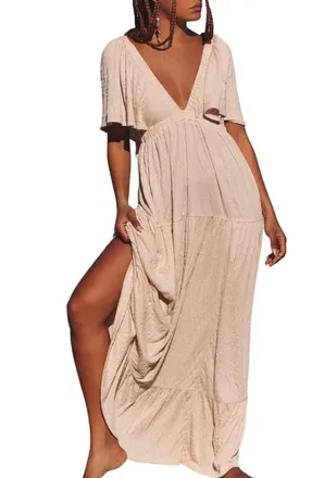 Free People free-est La La Tiered Flutter Sleeve Maxi Dress in Salt at Nordstrom, Size X-Small