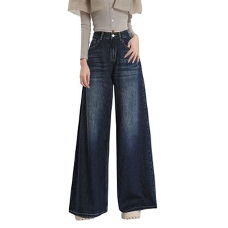 Generic Wide Leg Jeans for Women Ladies Baggy Bootcut Denim Pants Loose Casual Y2K Streetwear High Waisted Trousers with Pockets Straight Leg Flared Bottoms