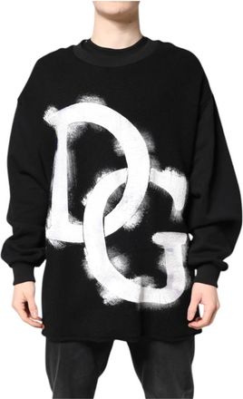 Dolce & Gabbana Hoodies & sweatvesten, Heren, Zwart, L, Katoen, Zwarte Logo Print Heren Pullover Sweater