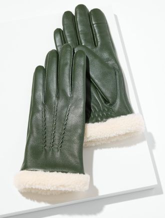 Talbots Shearling Trim Leather Gloves - Nori - Medium Talbots