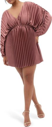 City Chic Chloe Pleated Long Sleeve Satin Minidress in Pink Blush at Nordstrom, Size Xxl
