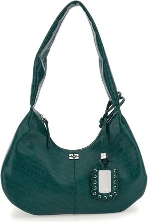Ganni Medium Bou Green Shoulder Bag With Crocodile Leather Effect And Logo Plaque In Leather
