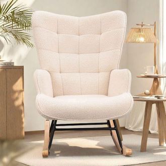 OEM Sill&oacute;n Mecedora - Rocking Chair - Tejido Beige - Patas De Madera Maciza - Estilo Escandinavo - 75x68x92 Cm - Respaldo Alto Y Asiento