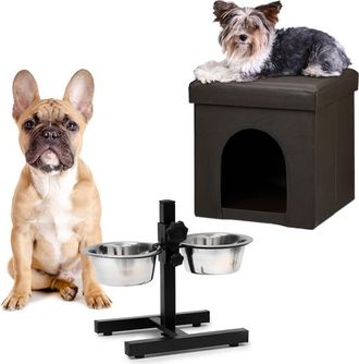 Relaxdays Set De 2 Piezas Home Sweet Hund Deluxe M, Casa Para Perros Marr&oacute;n, Taburete Con Cueva, Comedero Doble Ajustable