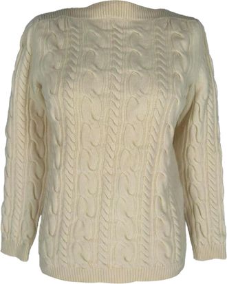Max Mara Boat Neck Cable-Knit Sweater in Cream Wool