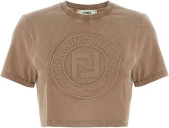 Fendi Tops, Dames, Bruin, M, Bruine Ronde Hals Korte Mouwen Top