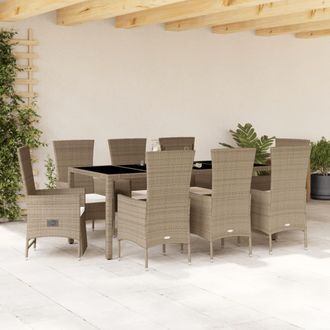 vidaXL Set Comedor De Jard&iacute;n 9 Pzas Con Cojines Rat&aacute;n Sint&eacute;tico Beige Vidaxl