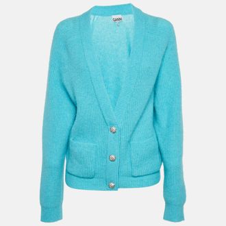 Ganni Ganni Sky Blue Rib Knit Embellished Cardigan