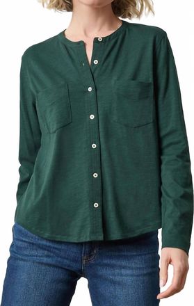 Lilla P Mandarin Collar Button Down Top In Green