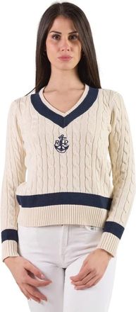 Ralph Lauren Dames katoenen V-hals trui in room - S- MAS - Dames - V-hals truien - Beige - L - Katoen - Truien & Vesten
