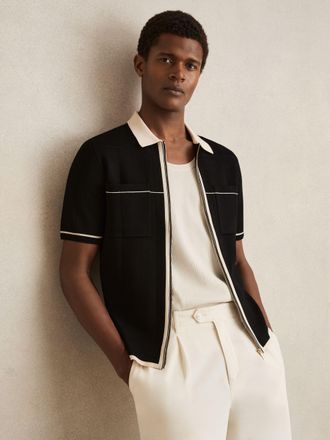 Reiss Black & stone Compact-knit Tipped Zip-through Shirt, M