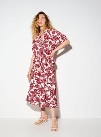 Ichi Womens Red flowers flared midi skirt