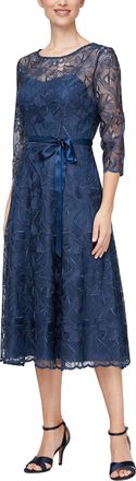Alex Evenings Womens Tea Length Embroidered Cocktail Dress with Illusion Sleeves, Wedding Guest (Petite and Regular Sizes), Bright Navy, 10 Petite
