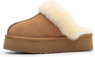 Generic Womens Camel Fuzzy Platform Scuff Slippers, Winter Warm Wool Lined Memory Foam House Shoes, Non-Slip Indoor Outdoor Comfy Ladies Slippers,Camel,6.5 UK