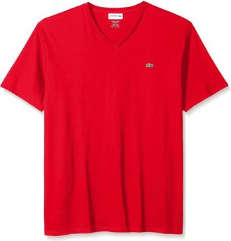 Lacoste Mens Short Sleeve V-Neck Pima Jersey T-Shirt In Red