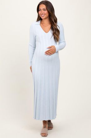 Pinkblush Wide Ribbed Knit Collared Midi Dress in Light Blue at Nordstrom, Size Large