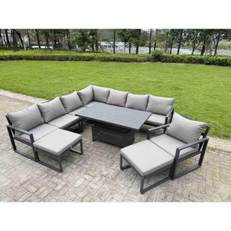 Fimous Aluminum 9 Piece 10-Seater Sofa Set with Rising Table & 2 Big Stools in Dark Grey