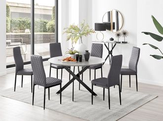 Furniturebox Novara Grey Concrete Effect Black Leg 120cm Round Dining Table & 6 Velvet Milan Black Leg Chairs