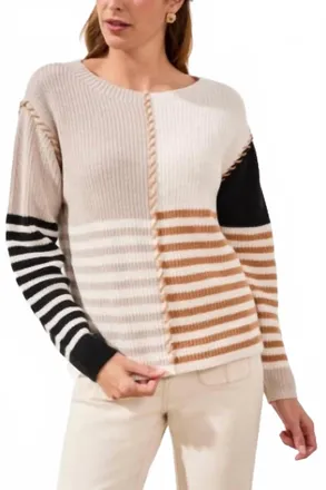 Tribal Multi Stripe Textured Boat Neck Sweater In Quartz