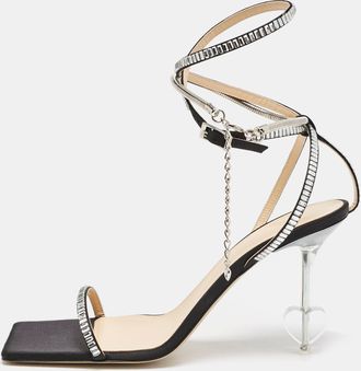 Mach & Mach Black Satin Crystal Embellished Heart Ankle Strap Sandals
