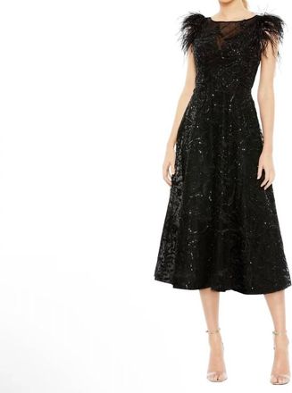 Mac Duggal Feather Shoulder Sequin Embellished Midi Dress In Black