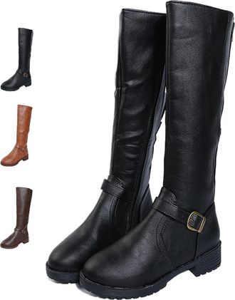 Generic Knee High Boots for Women Wide Calf, Low Heel Flat Riding Boots, Brown Leather Long Boots with Side Zipper, Comfortable Daily Wear (6.5,Black)
