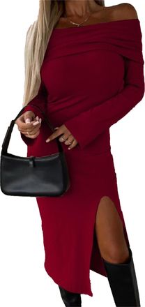Generic Womens Off Shoulder Slit Dresses Elegant Ribbed Knit Midi Cocktail Prom Dress Long Sleeve Slim Fit Casual Frock (Red,S)
