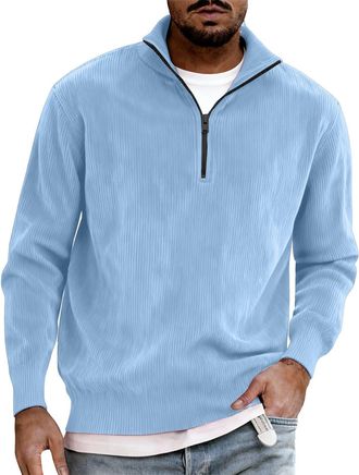 Generic Business Corduroy Pullover For Men Long Sleeve Hoodless Sweatshirt with HalfZip Collar, Soft Cozy Stand Collar Jumpers Pullover Sweater Tops (Sky Blue