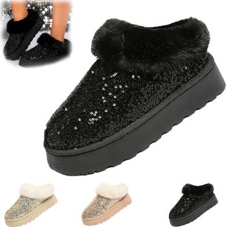 Generic Womens Platform Glitters Sequin Flat Slipperses, Glitter Sequins Fuzzy Slippers,Warm Glitter Sequin Winter Snow Boots,Winter Snow Boots Fuzzy Fluffy L