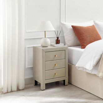Furniturebox Lexi Large Slimline Taupe 3 Drawer Mirrored Bedside Table in Beige