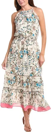 Max Studio Georgette Embroidered Neck Smocked Maxi Dress