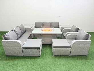Fimous PE Rattan High Back Lounge Sofa Set Patio Firepit Dining Table & Chairs Set w/ 3 Seater Sofa Reclining Chair 2 Big Footstool 2 Side Table