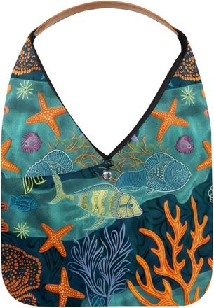 Generic Fish Coral Starfish Sea Pattern Reusable Lightweight Grocery Bags - Foldable Into Compact Pouch, Washable & Sturdy, Multipurpose for Shopping and Trav