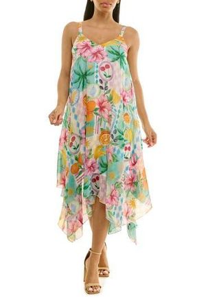 Nina Leonard Patterned Handkerchief Hem Dress in Mint Multi at Nordstrom Rack, Size X-Large