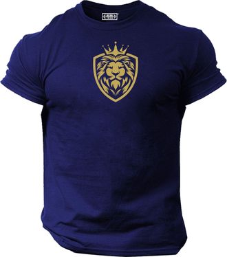 Generic King Lion T Shirt Gym Clothing Bodybuilding Training Workout Exercise Fitness Boxing MMA Tee Top (UK, Alpha, L, Regular, Regular, Navy Gold Print)